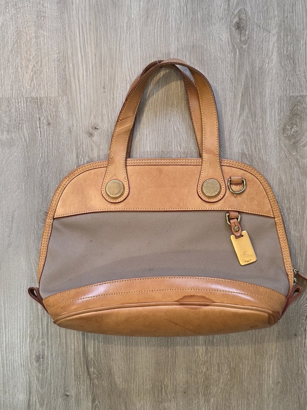 Vintage Dooney & Bourke Canvas & Leather Cabriolet Zip Top Satchel Purse Tan